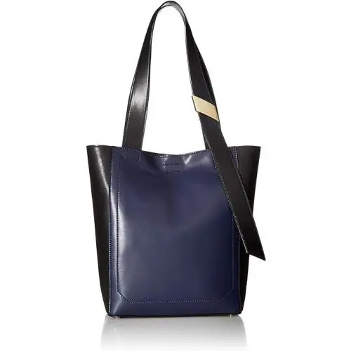 Calvin Klein Karsyn Nappa Leather Belted North South Tote Black Plum Blue - Handle/Strap: Black, Hardware: Gold, Exterior: Blue