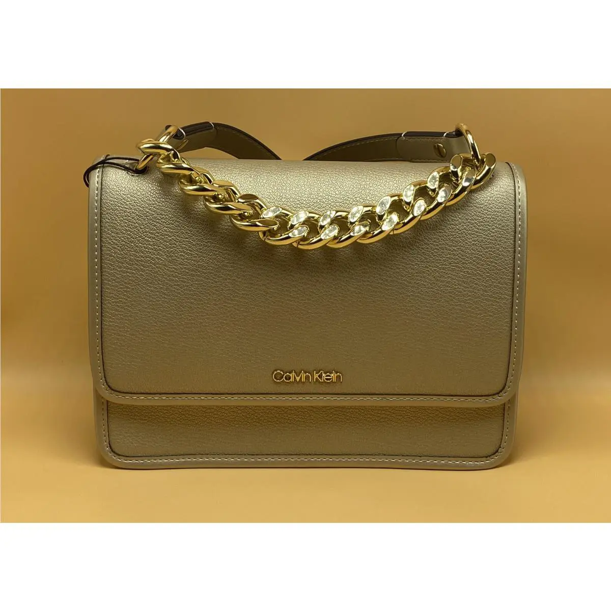Calvin Klein Ariela Leather Crossbody Chain Link Top Handle Pale Gold