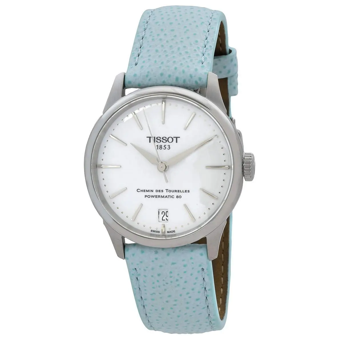 Tissot Ladies Chemin Des Tourelles Powermatic 80 Auto Watch - T1392071601100 - Dial: Silver, Band: Light Blue, Bezel: Silver