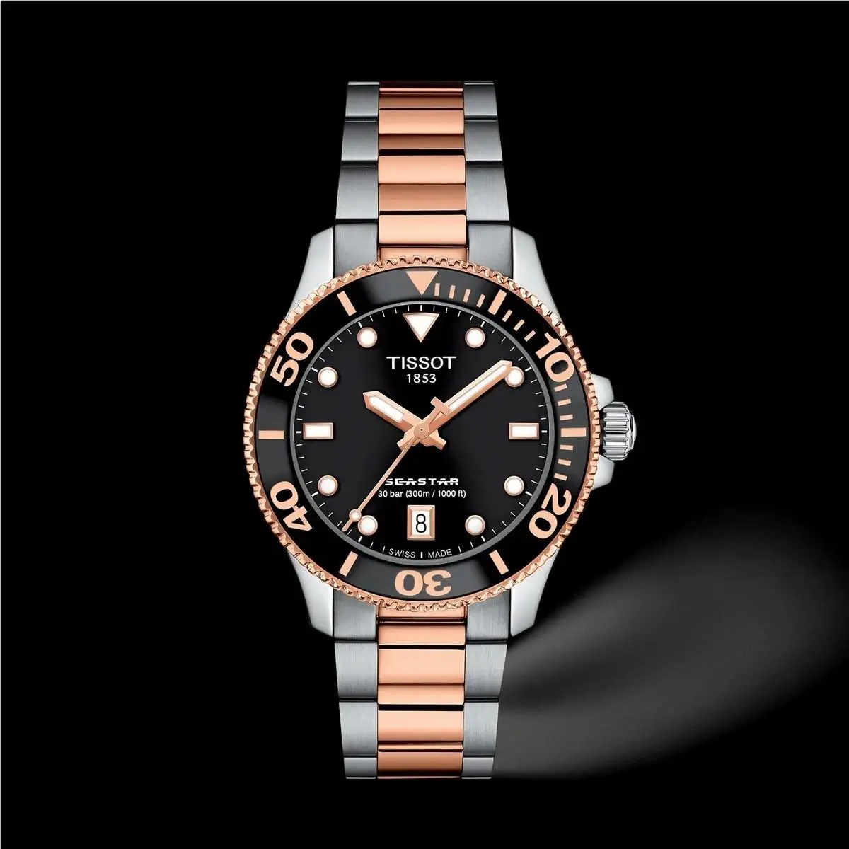 Tissot T120.210.22.051.01 Seastar 1000 Steel Rose Gold 36 mm Quartz Wrist Watch - Dial: Black, Band: Silver, Rose Gold Tone, Bezel: Black, Rose Gold Tone
