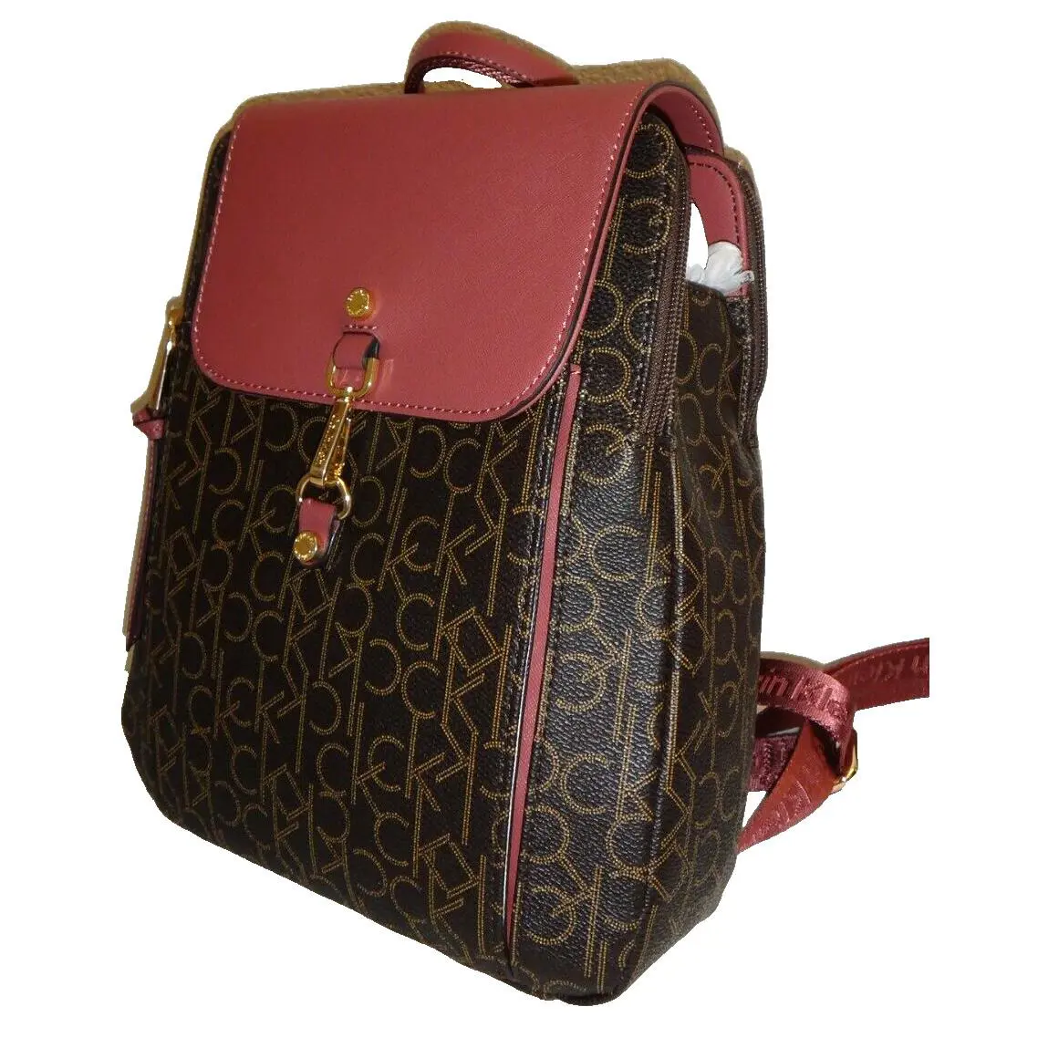Calvin Klein Signature Backpack Bag Brown Pvc Dusty Rose Saffiano Leather Gold