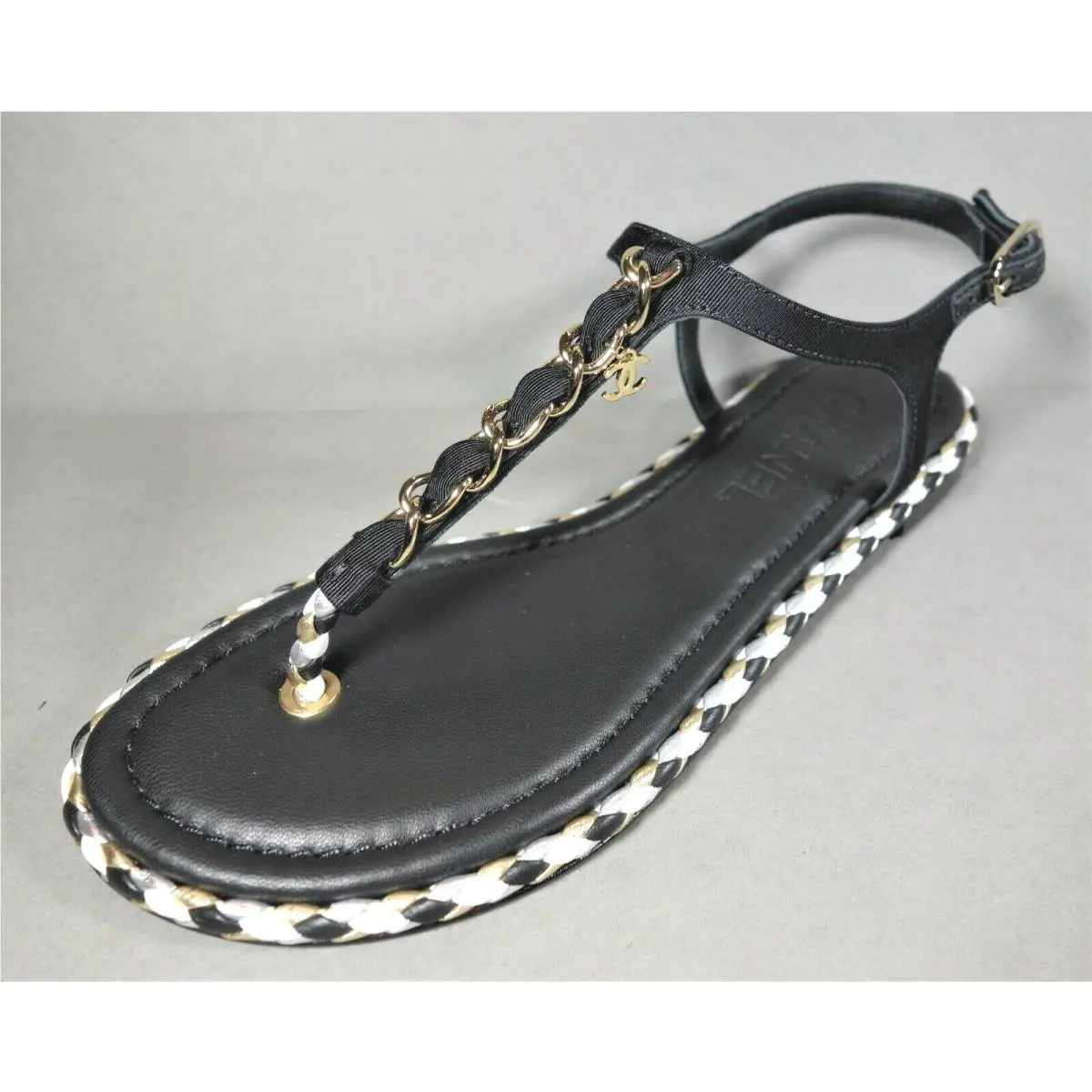 Chanel 36C Black Grosgrain Leather Woven Trim Gold CC Thong Sandals Flats