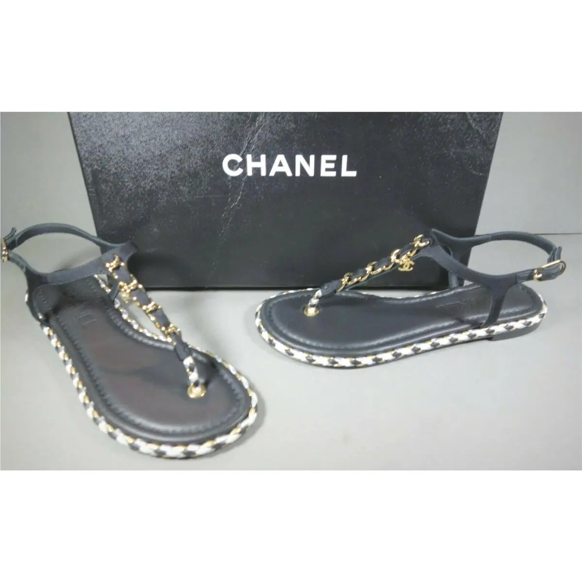 Chanel shoes - Chanel thong flat sandals - thong flat sandals - Black, s: Mostly Black with the white & Gold accents (UPC: 3572642635959) 0