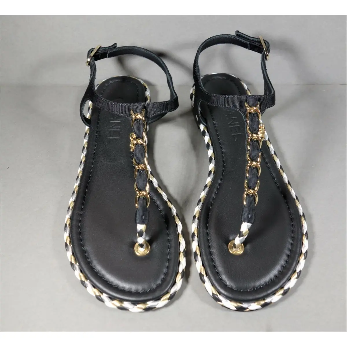 Chanel shoes - Chanel thong flat sandals - thong flat sandals - Black, s: Mostly Black with the white & Gold accents (UPC: 3572642635959) 2