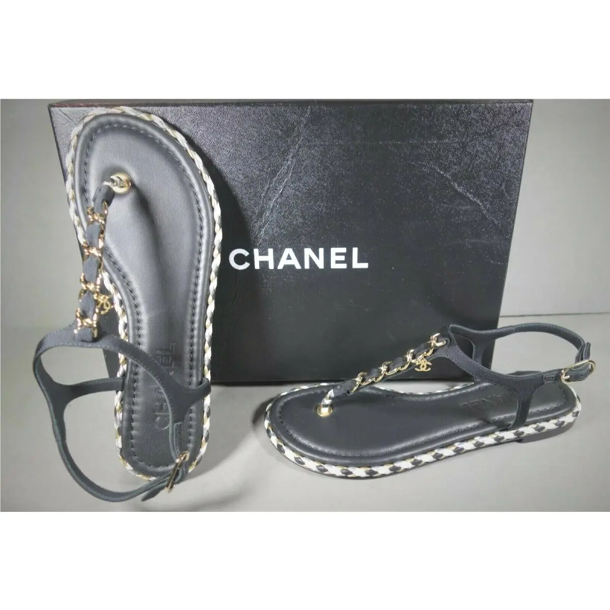 Chanel shoes - Chanel thong flat sandals - thong flat sandals - Black, s: Mostly Black with the white & Gold accents (UPC: 3572642635959) 1