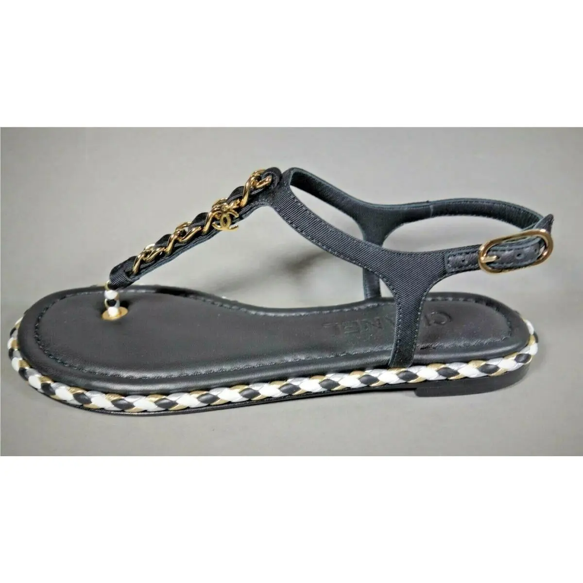 Chanel shoes - Chanel thong flat sandals - thong flat sandals - Black, s: Mostly Black with the white & Gold accents (UPC: 3572642635959) 3