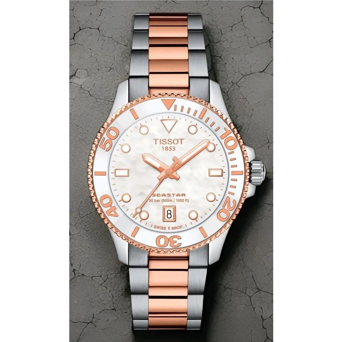 Tissot Seastar 1000 Steel Rose Gold 36 mm Quartz Wrist Watch T120.210.22.111.00 - Dial: Mother of pearl, Band: Silver, Rose Gold Tone, Bezel: White, Rose Gold Tone
