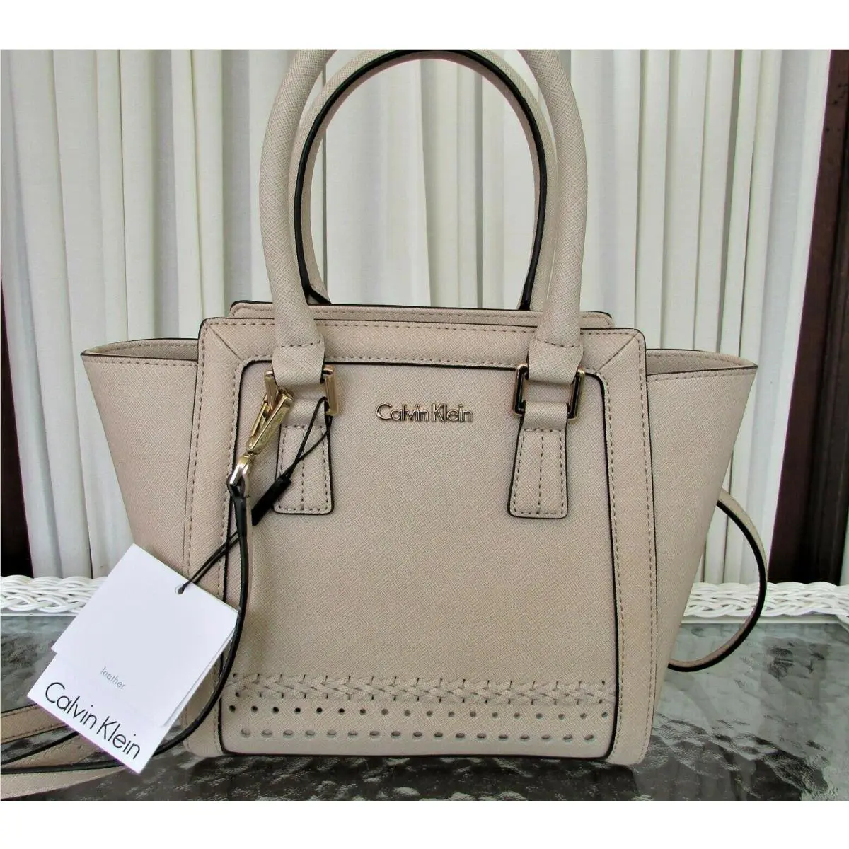 Calvin Klein Crossbody Satchel Wheat Braid Beige Saffiano Leather