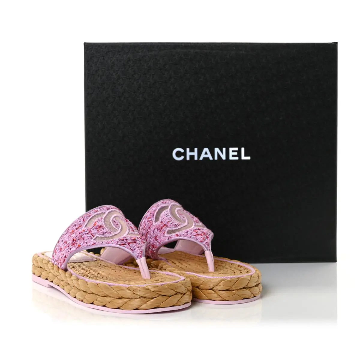Chanel Pink Tweed CC Thongs Sandals Shoes Zippered Pouch Bag SZ.37