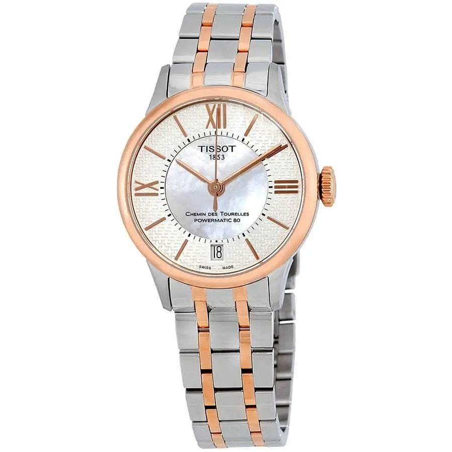 Tissot Chemin Des Tourelles Mop Dial Ladies Watch T099.207.22.118.01 - Dial: White, Band: Gold, Gray, Bezel: Pink