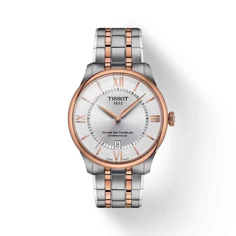 Tissot Chemin Des Tourelles Automatic Two-tone Men`s Watch T1398072203800 - Dial: Silver, Band: Silver, Pink, Bezel: Pink