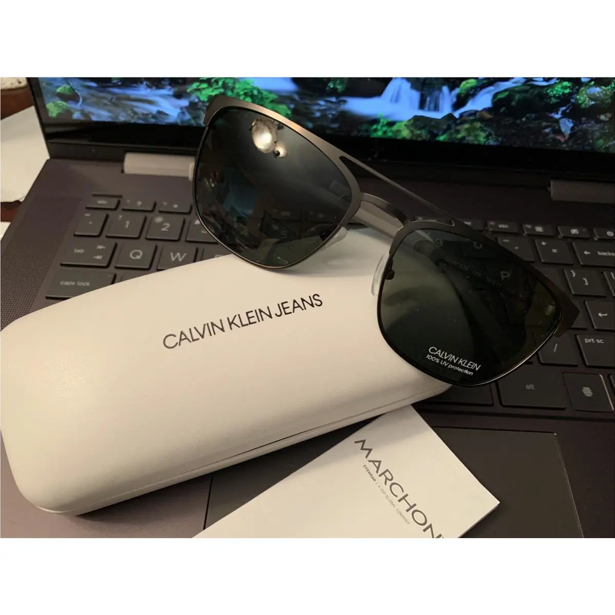 Calvin Klein Double Bridge Metal Square Sunglasses. Matte Gunmetal/green 008