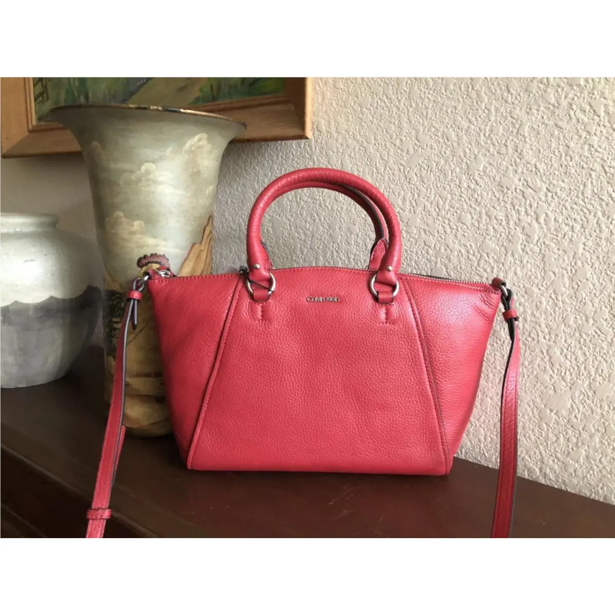 Calvin Klein Avery Pebble Leather Satchel Red