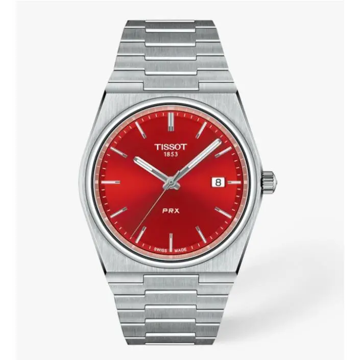 Tissot Prx Quartz 40mm Red Men`s Watch T1374101142100 - Dial: Red, Band: Silver, Bezel: Silver