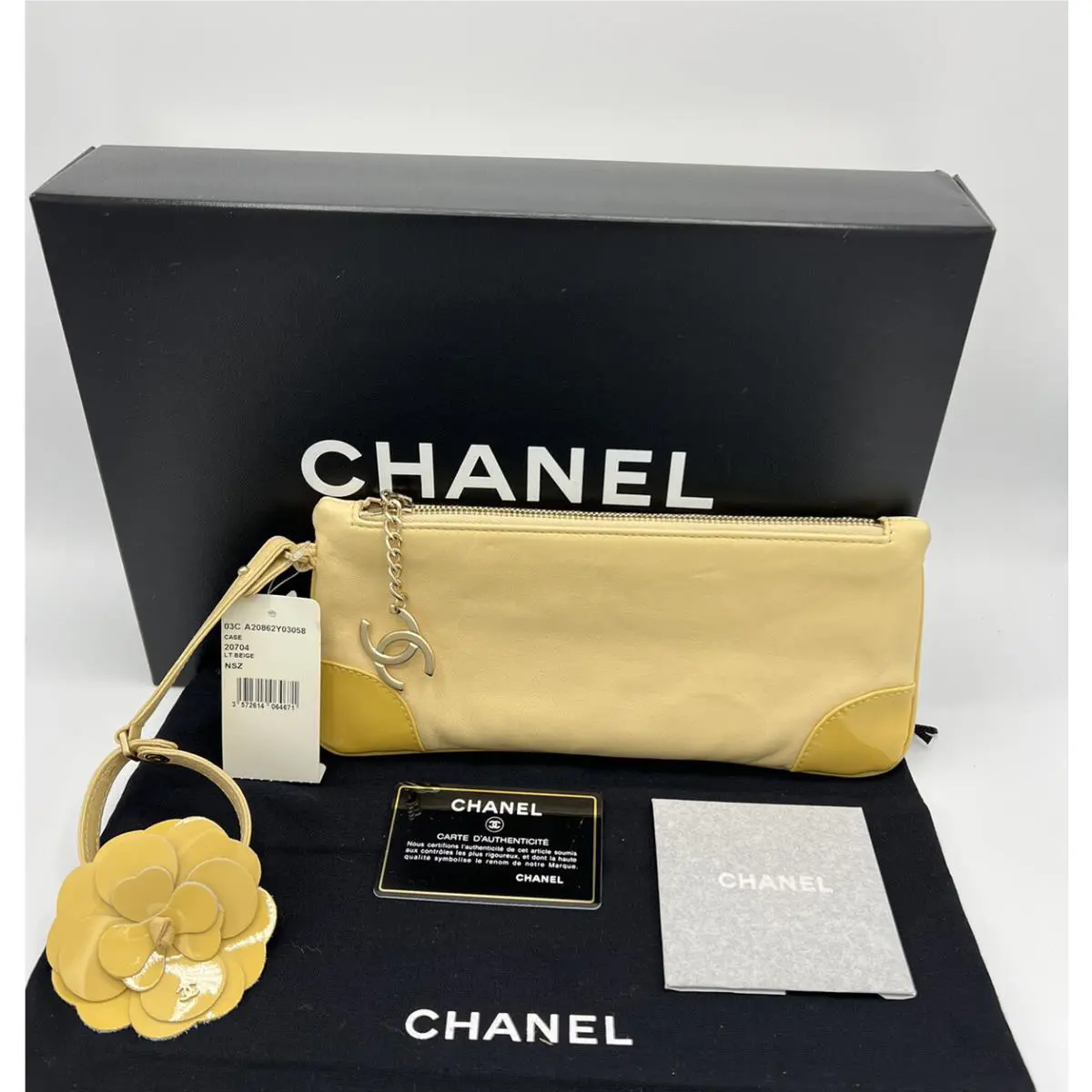Chanel Box Set Long Leather Wristlet Clutch Bag Patent Beige