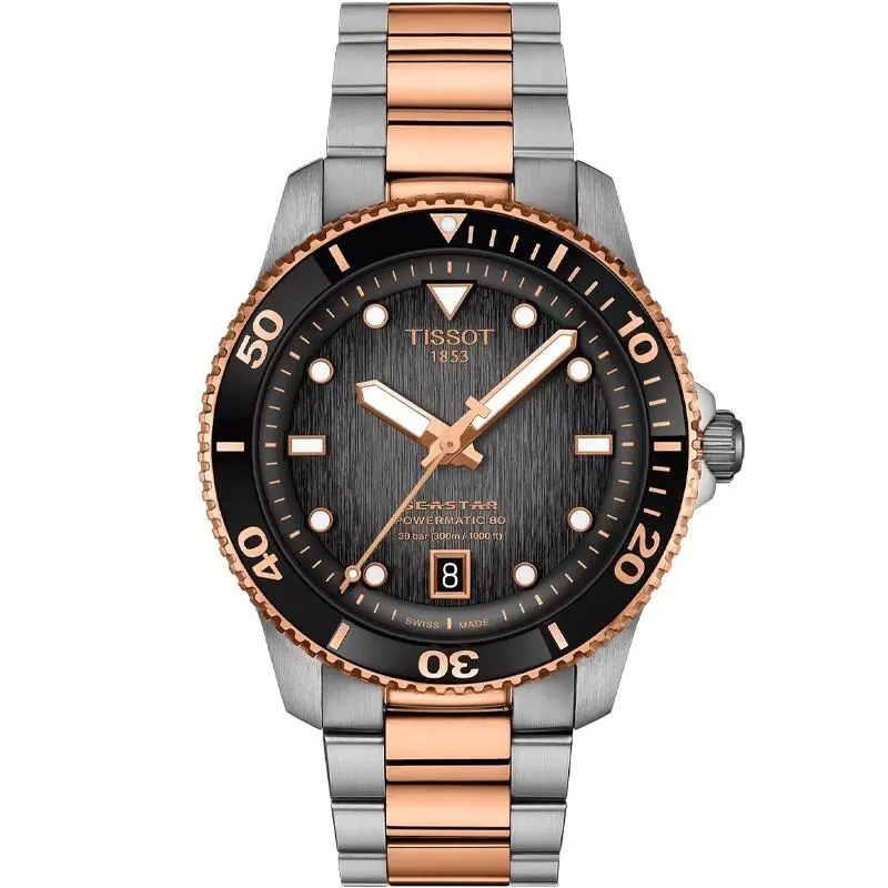 Tissot Seastar Powermatic 80 40mm Two-tone Steel Men`s Watch T1208072205101 - Dial: Graded Grey-Black, Band: 316L stainless steel case with rose gold PVD coating, Bezel: Black