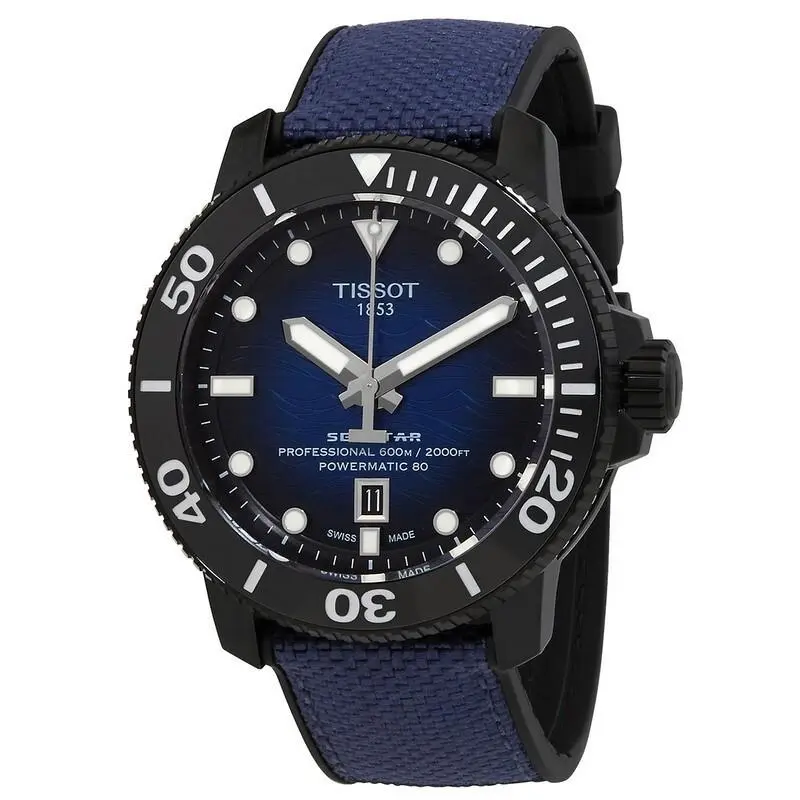 Tissot Men`s Seastar 2000 Blue Sapphire Automatic Watch - T1206073704100 - Dial: Blue, Band: Blue, Bezel: Black