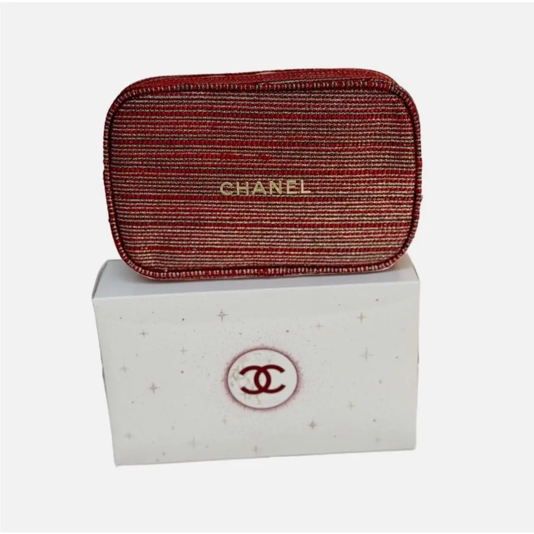 Chanel Beaute Gwp Red Gold Tweed Logo Zip Across Cosmetic Case Pouch