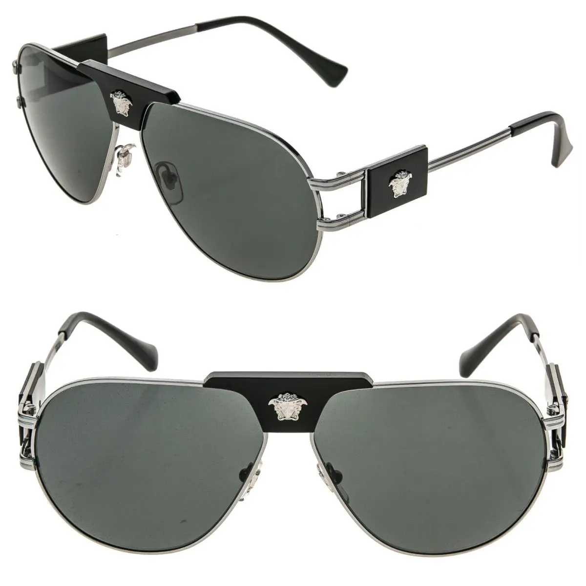 Versace 2252 Medusa Navigator Black Stud Gray Aviator Unisex Sunglasses VE2252 - Frame: Gray, Lens: Gray