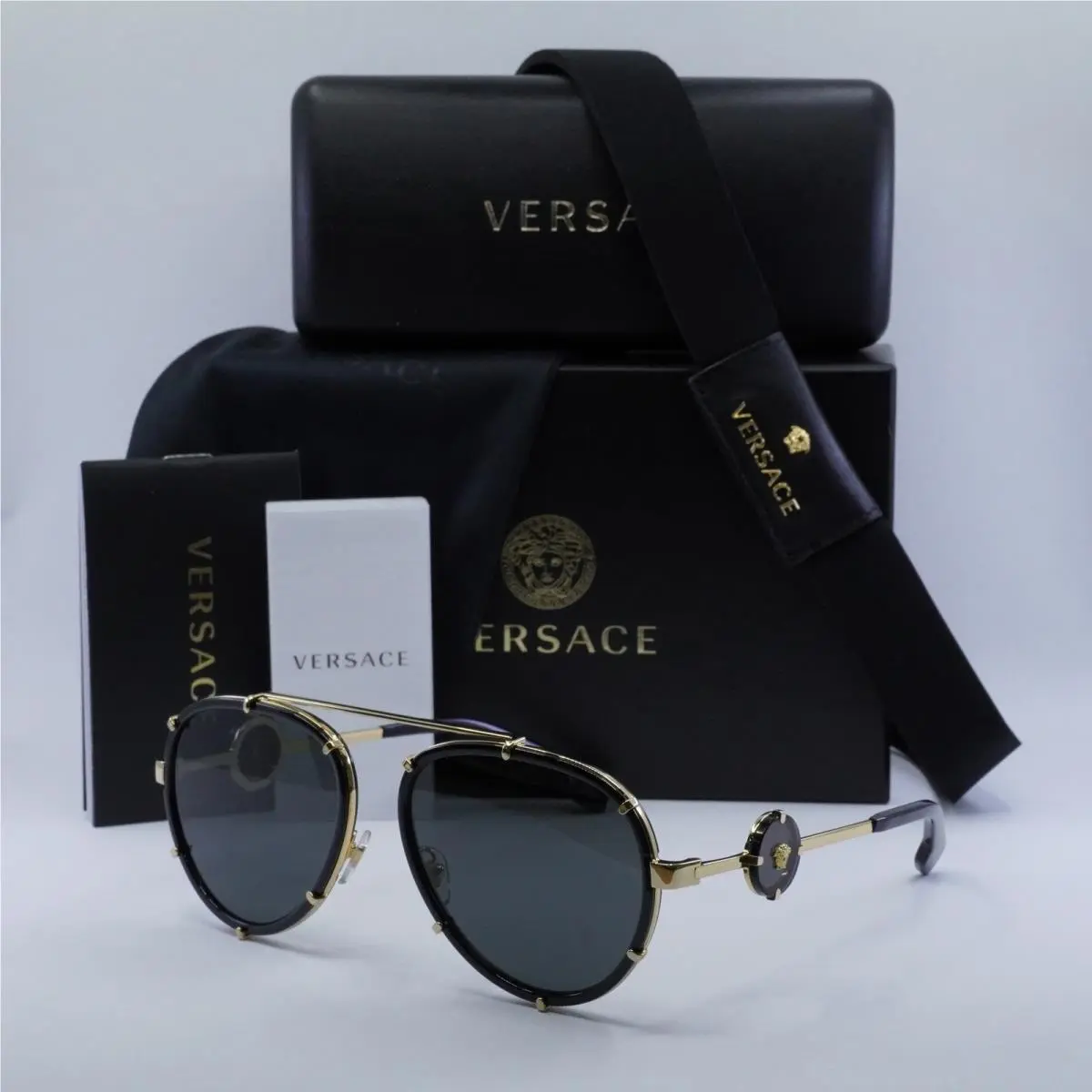 VE 2232 1471/87 61mm Gold White Stud Aviator Sunglasses Italy Unisex by Versace