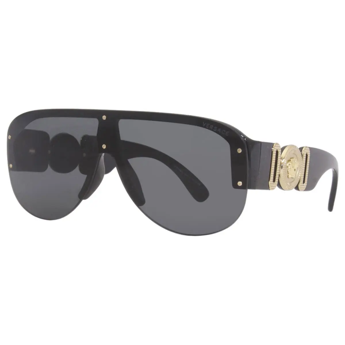 Versace 4391 GB1/87 Sunglasses Men`s Black/gold/dark Grey Lenses Shield 48mm