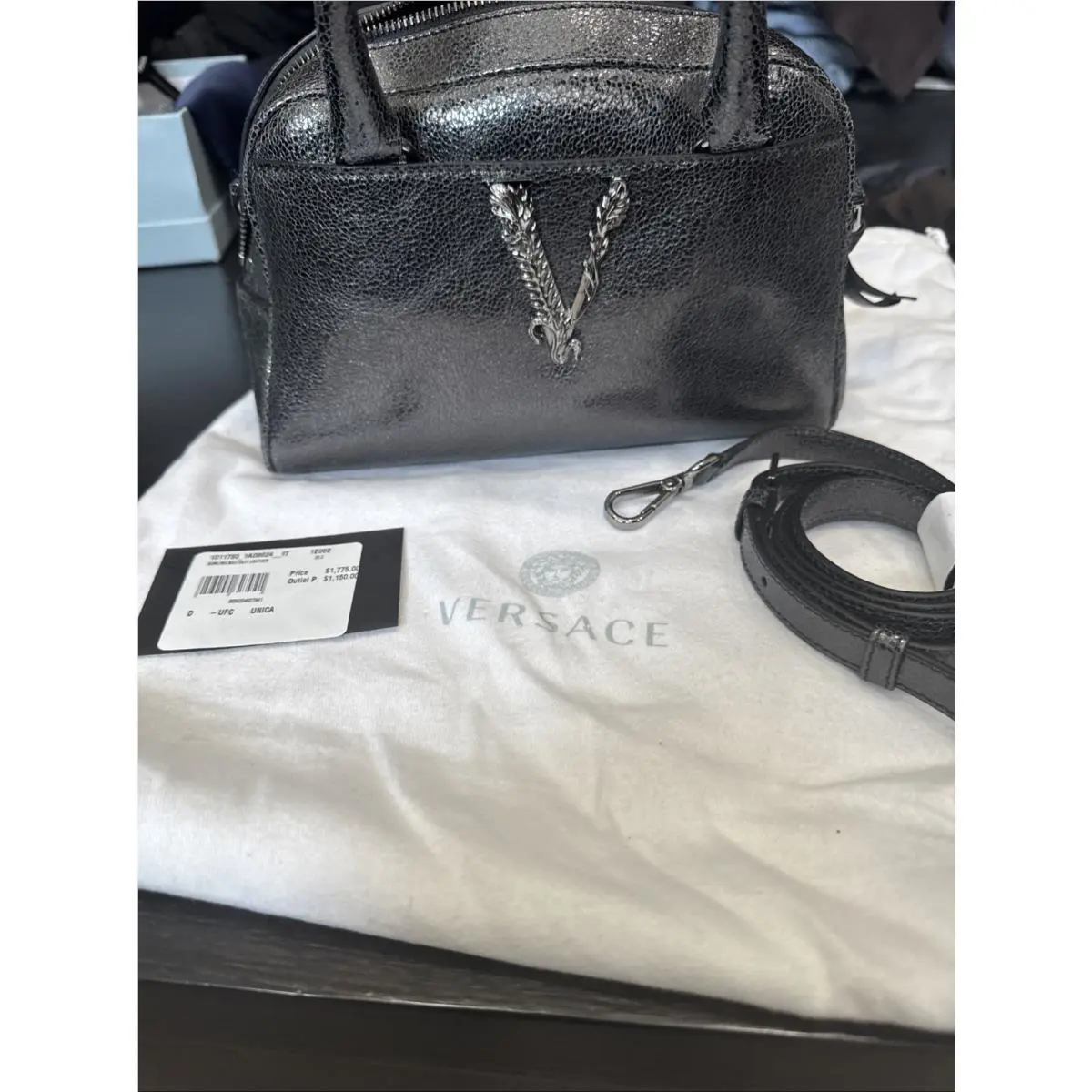 150 Metallic Gray Bowling Bag by Versace