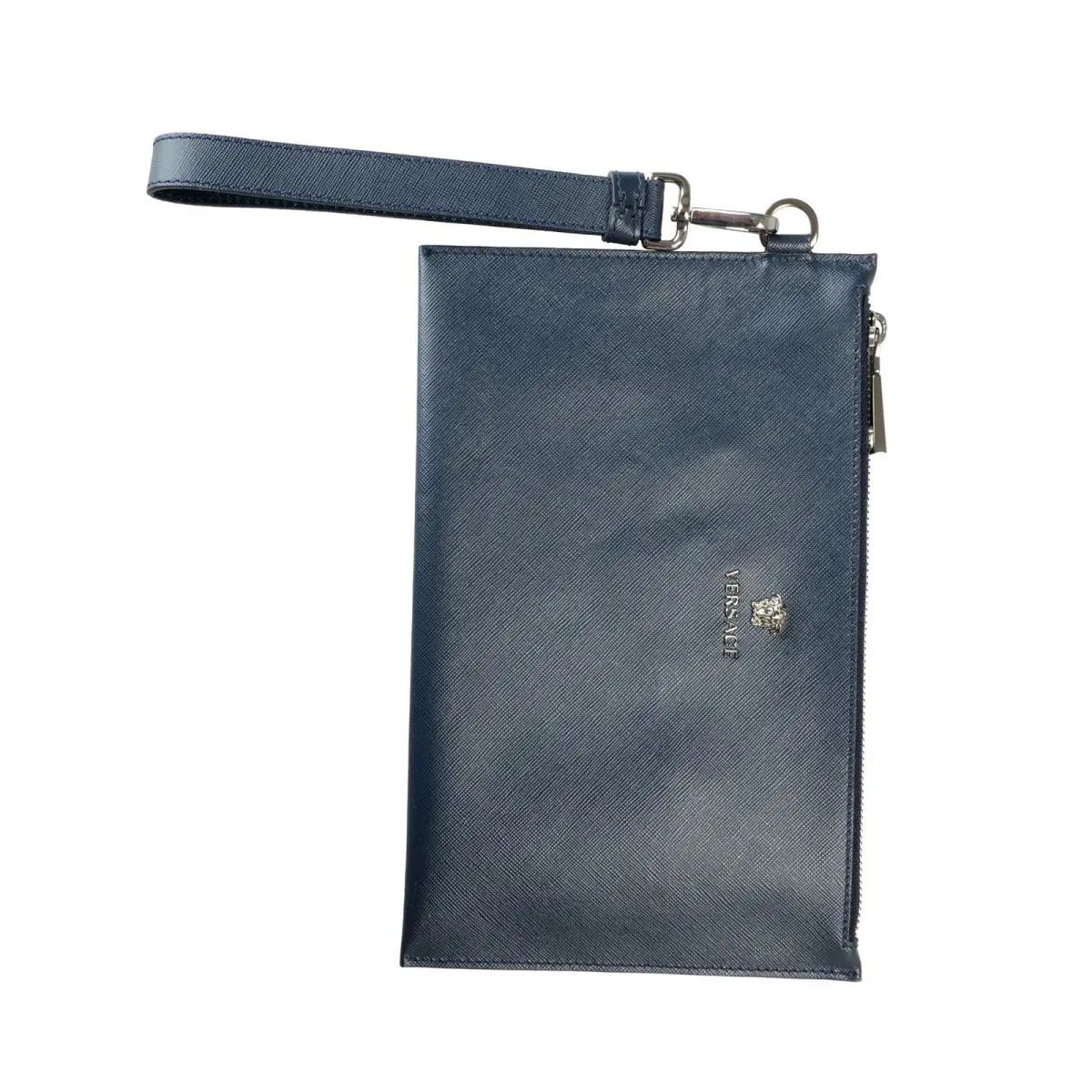 Blue Textured Leather Medusa Logo Wristlet Clutch by Versace