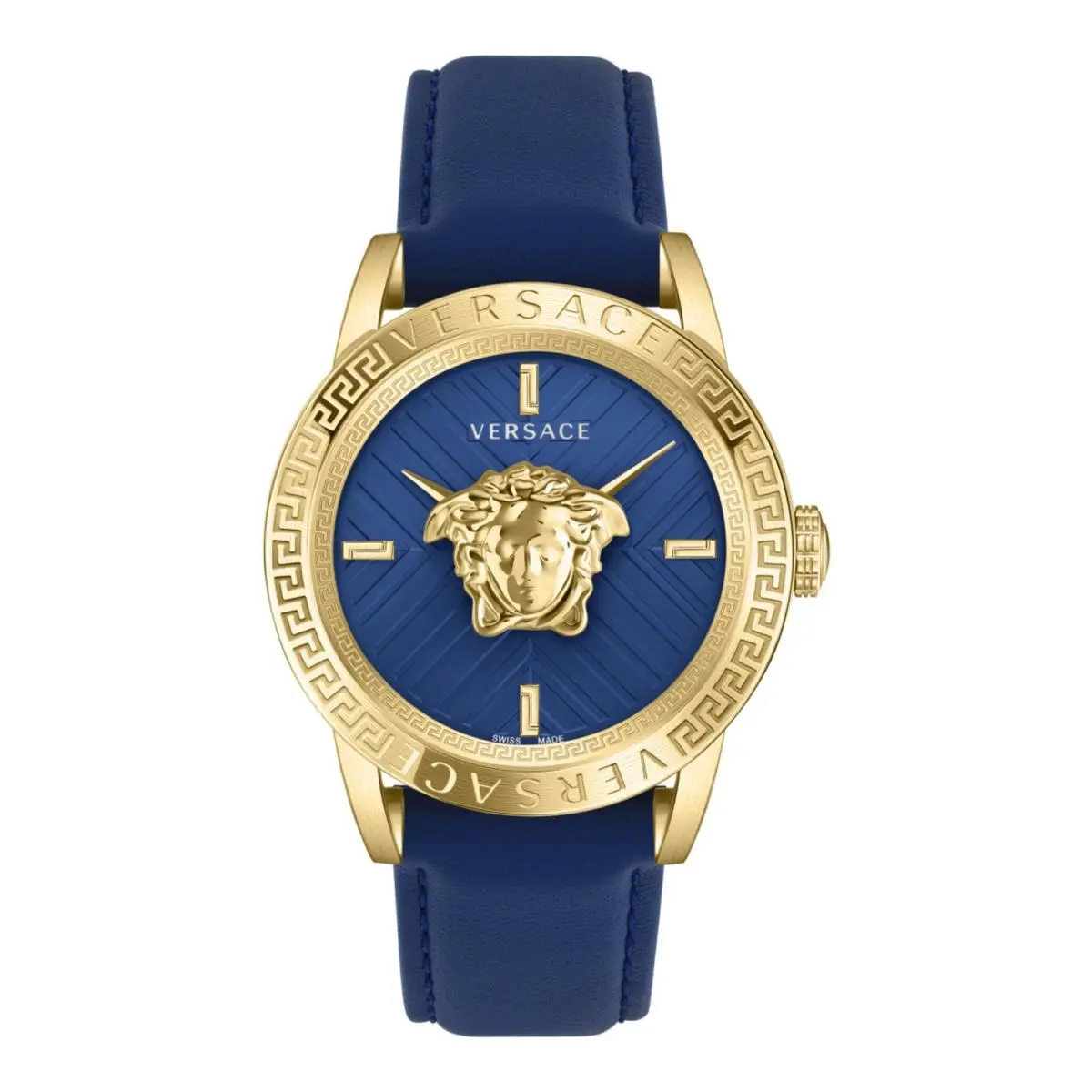 Versace V-code Men`s Watch 43mm Gold Tone Case Blue Guilloché Dial Blue