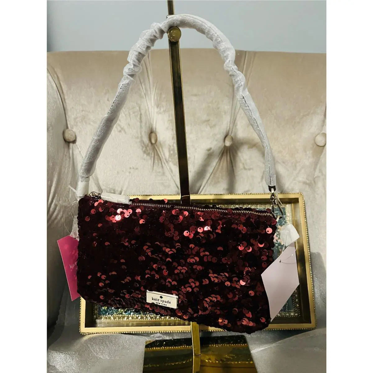 Kate Spade Kiki Sequin Fabric Convertible Wristlet Small Handbag Deep Berry Red