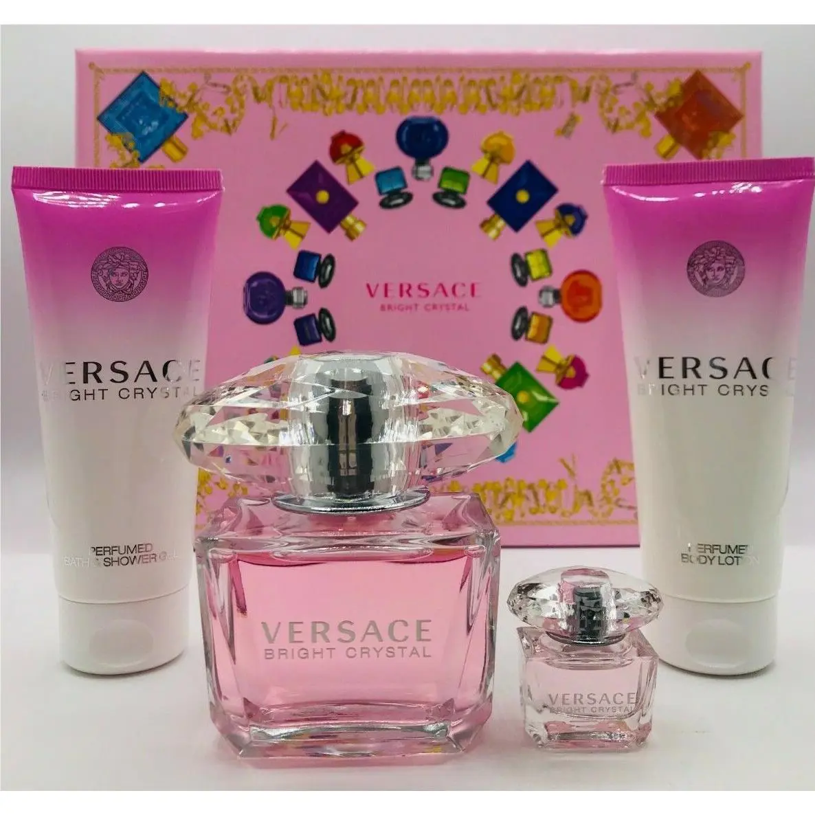 Versace Bright Crystal 4pc Set Perfume Edt Spray 3.0 oz Lotion Shower Gel Mini