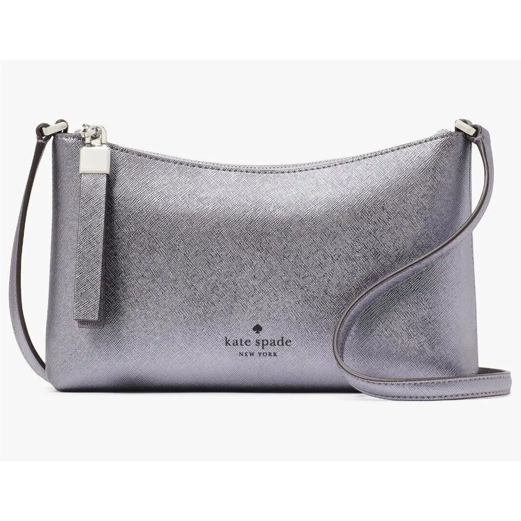 Kate Spade Sadie Crossbody Bag Silver Blue Metallic Saffiano Purse KI866