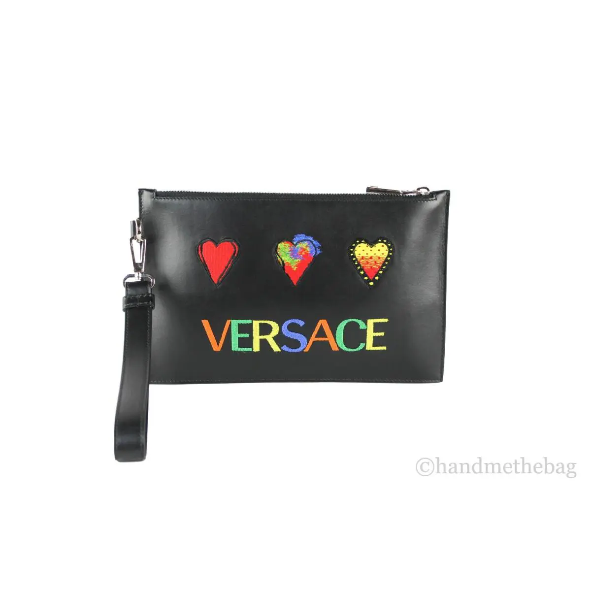 Versace Small Leather Embroidered Heart Patch Logo Pouch Wristlet Clutch Wallet