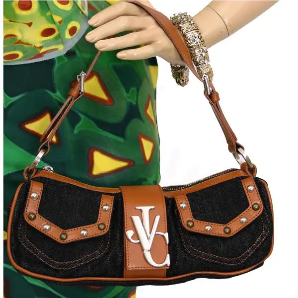 Versace Black Denim Brown Leather Handbag Baguette
