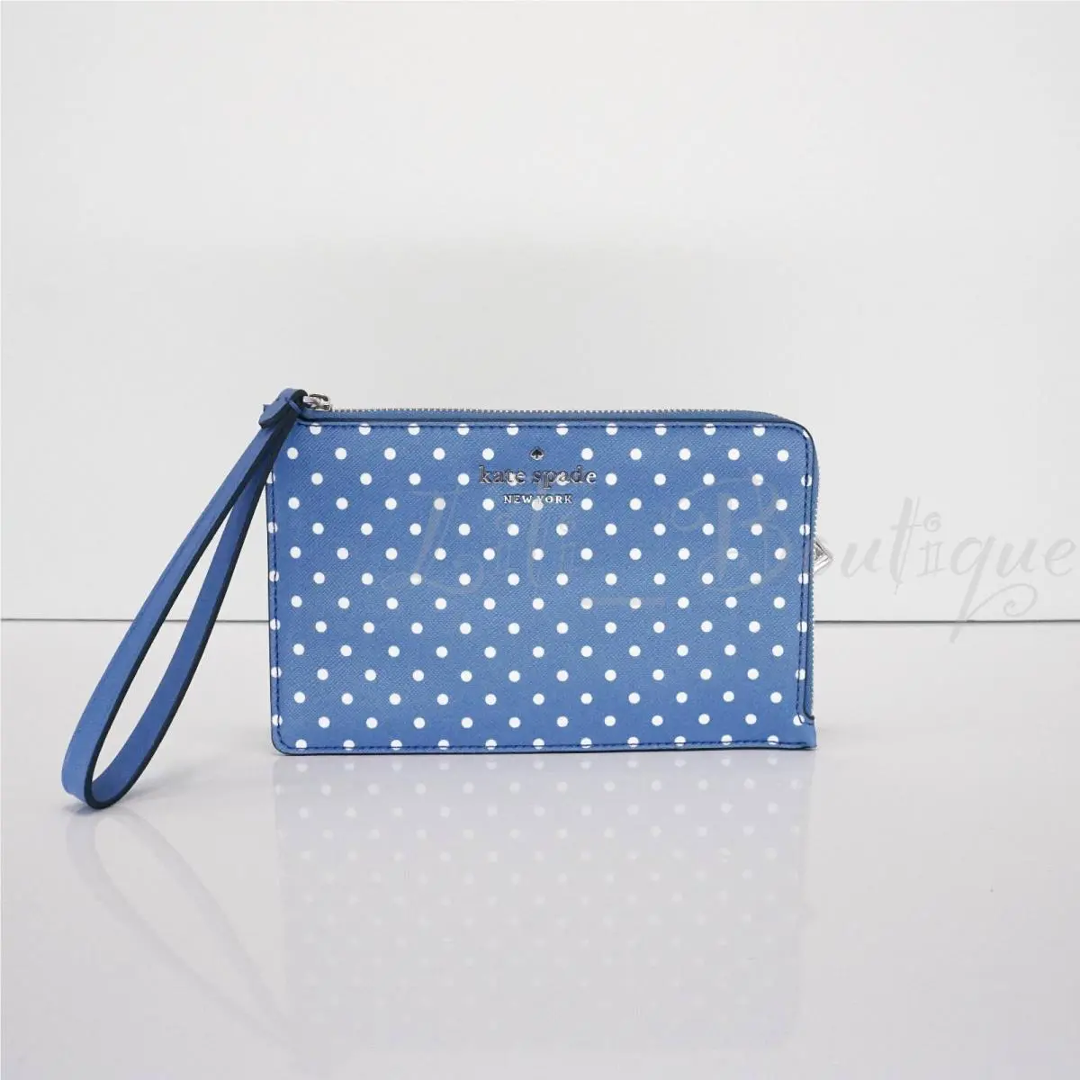 Kate Spade WLR00540 Medium L-zip Wristlet Pvc Staci Garden Dots Blue White