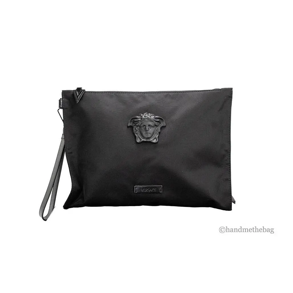 Large Black Nylon Fabric Medusa Convertible Pouch Clutch Wristlet Bag by Versace