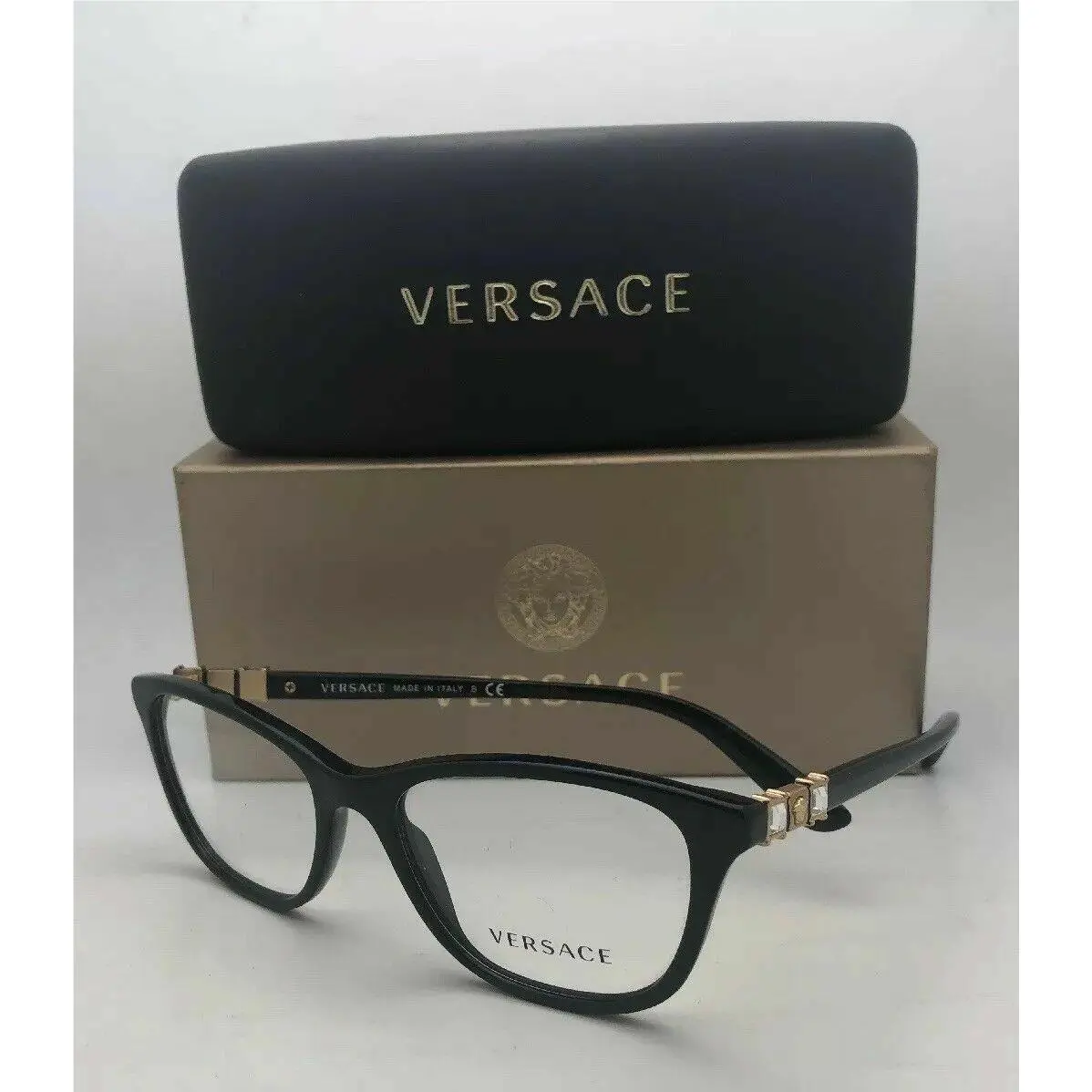 Versace Eyeglasses 3213-B GB1 54-17 140 Black Gold Frames with Crystals