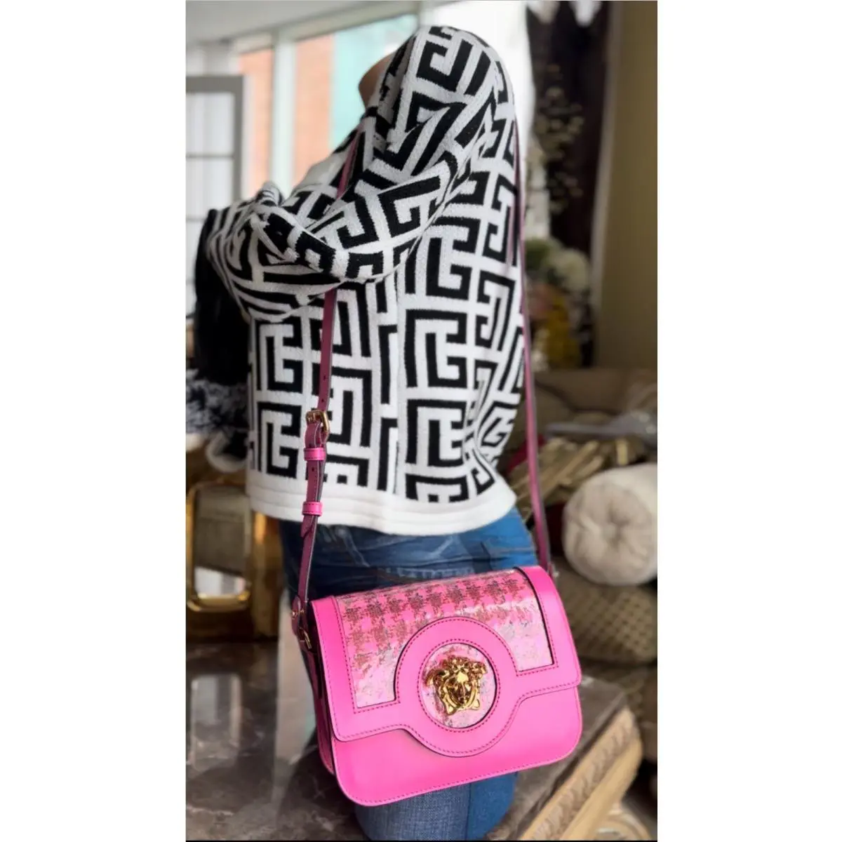 Versace Plaid Tweed Pink Leather Medusa Crossbody Shoulder Clutch Bag 1250