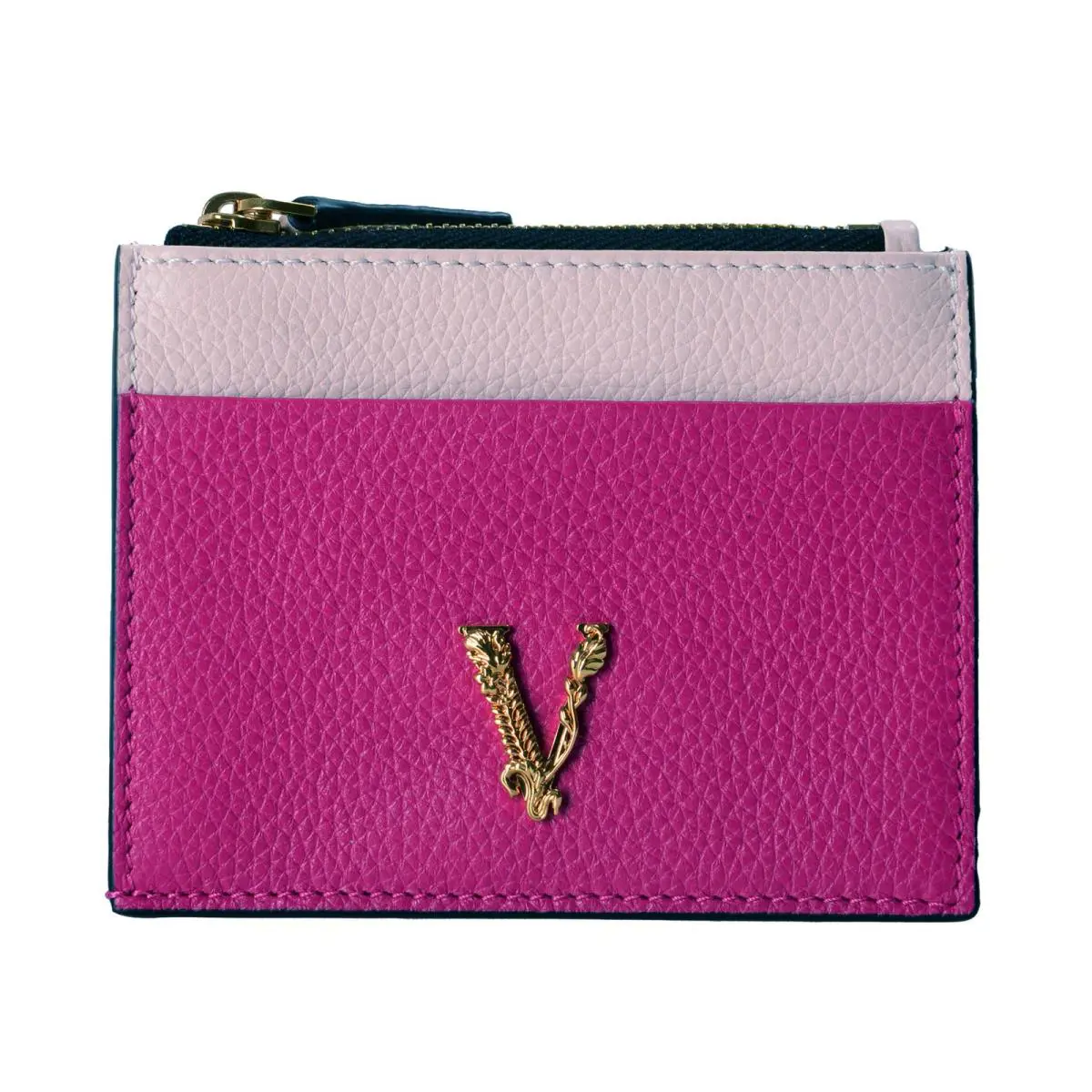 Versace Women`s Purple Pink Textured Leather V-logo Card Case
