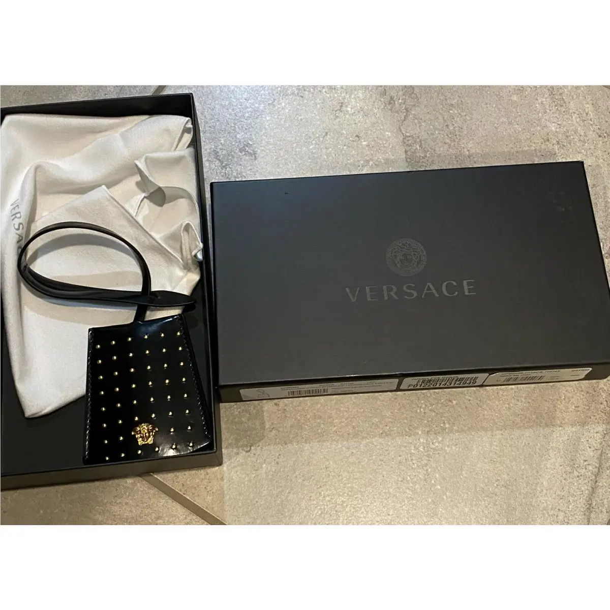 Versace Made in Italy Black Leather Gold Medusa Studded Luggage Tag Keycha