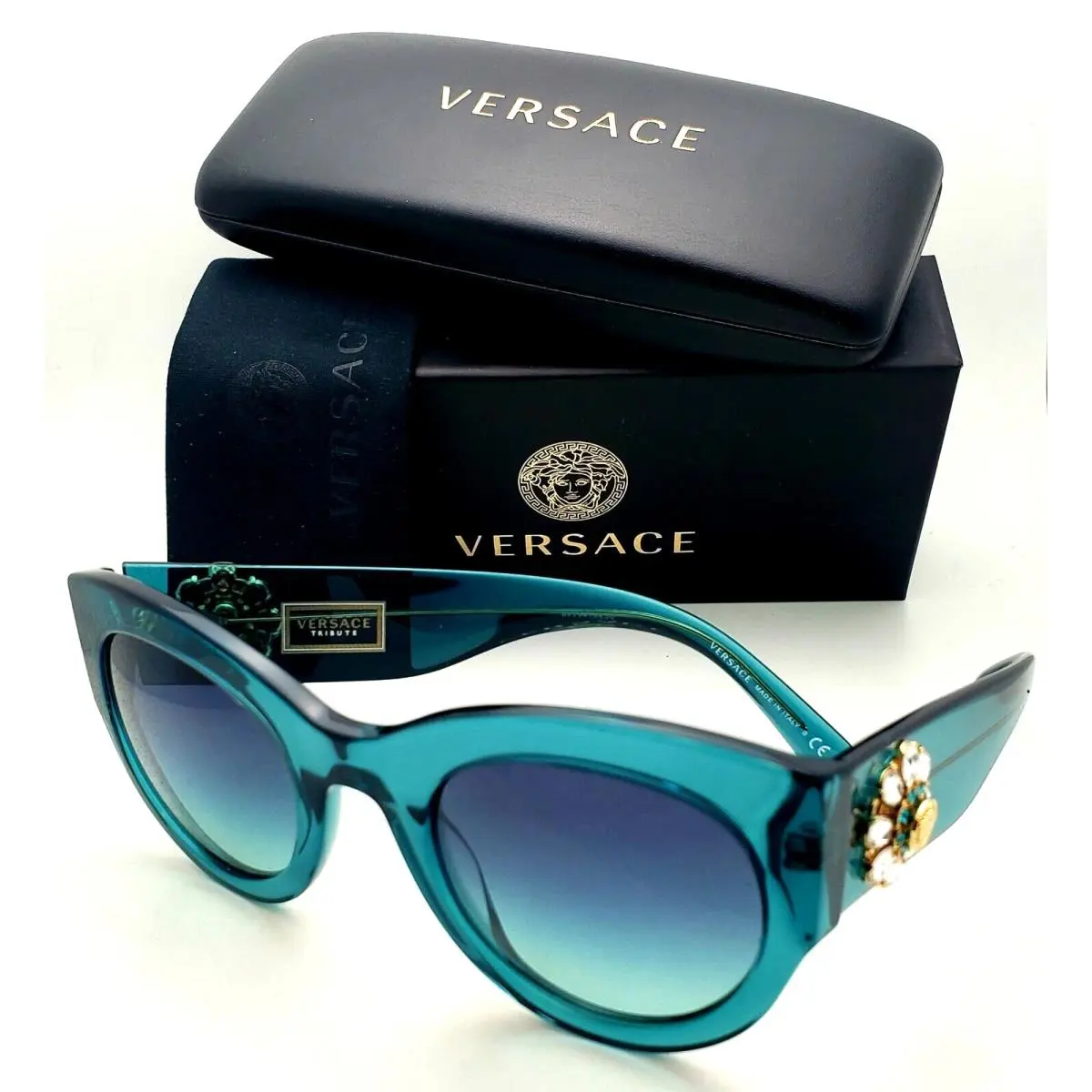 Versace Sunglasses VE 4353-B-M 5316/4S Turquoise Frames Blue Lenses Crystals