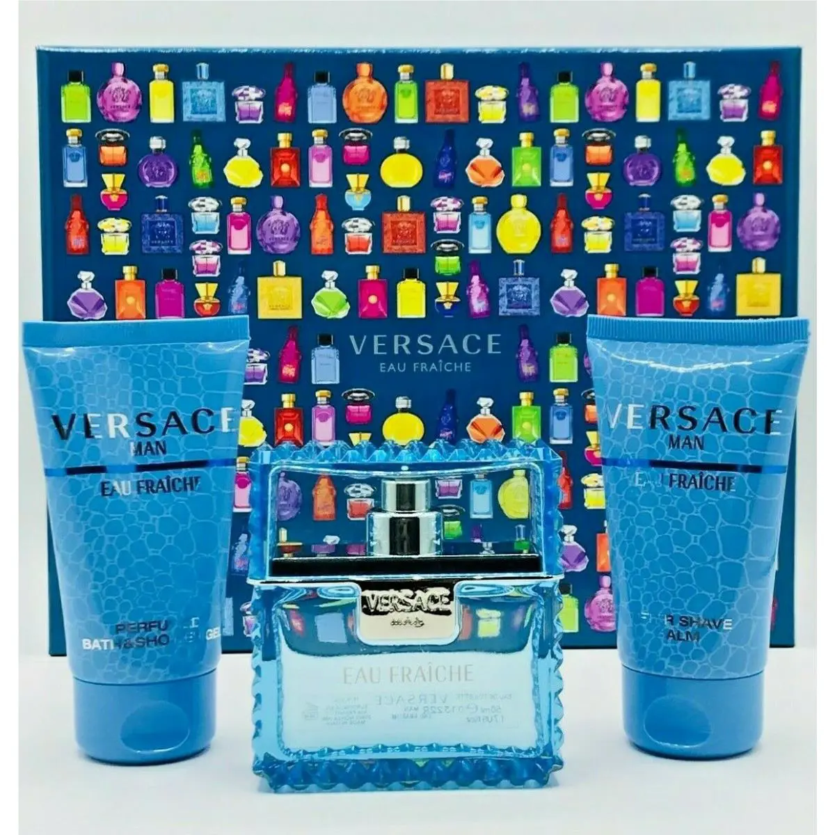 Versace Eau Fraiche Men 3pc Set Cologne Spray 1.7 oz After Shave Balm Shower Gel