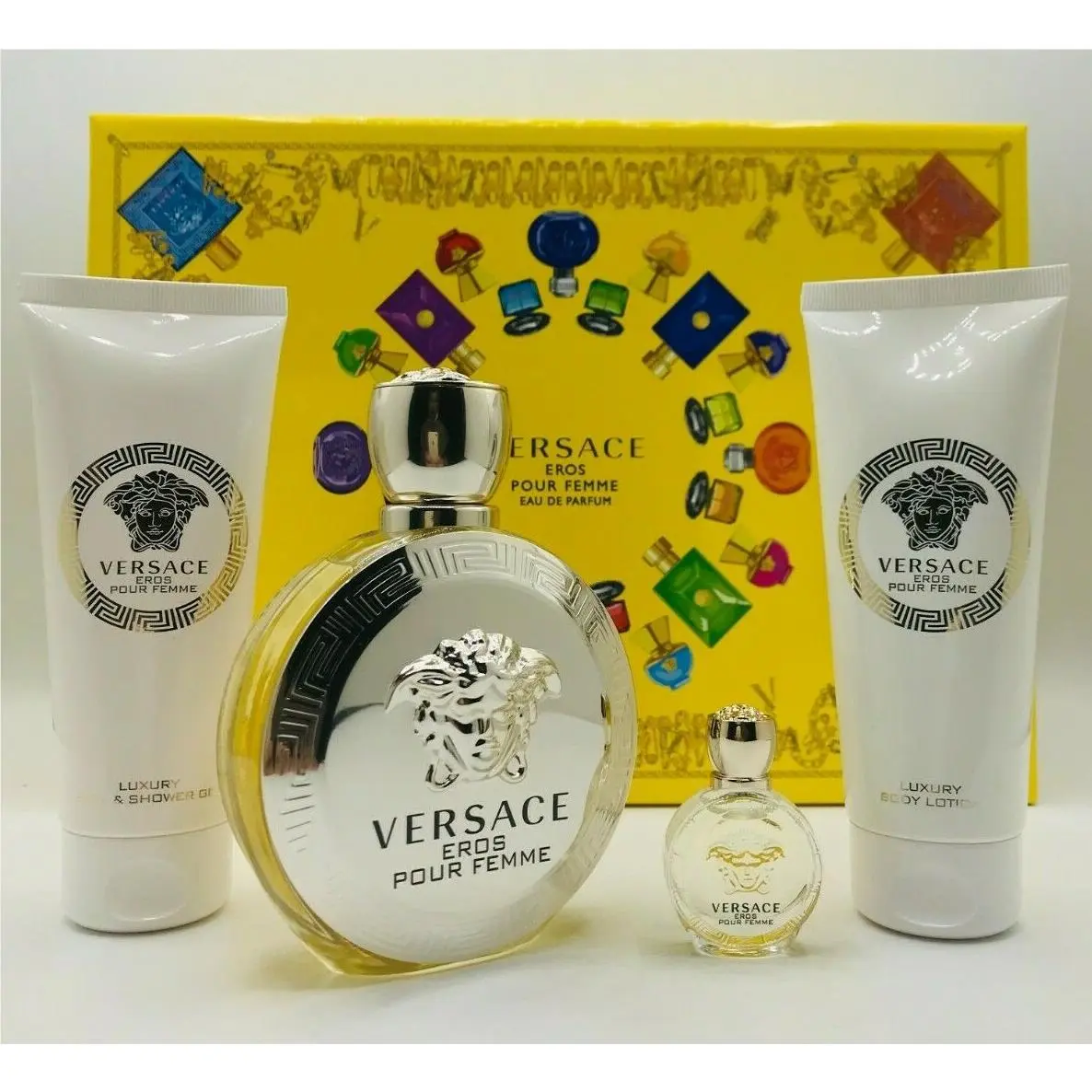 Versace Eros Women 4pc Set Parfum Spray 3.4 oz Shower Gel 3.4 Lotion 3.4 oz Mini