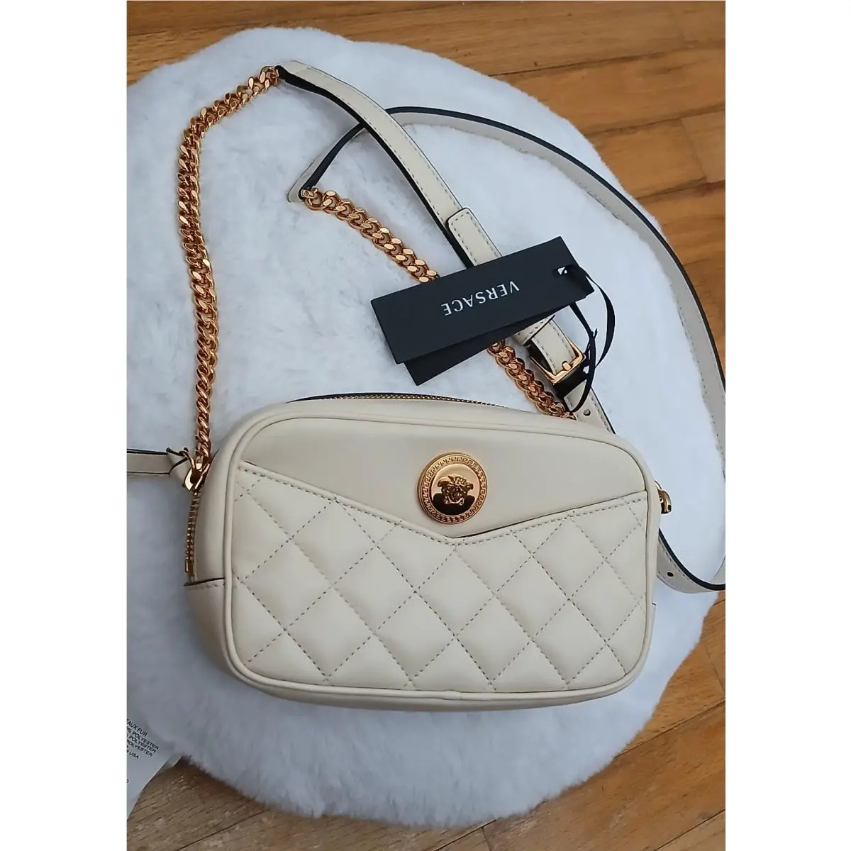 Versace Medusa Quilted Lambskin Leather Crossbody Camera Beige Virtus
