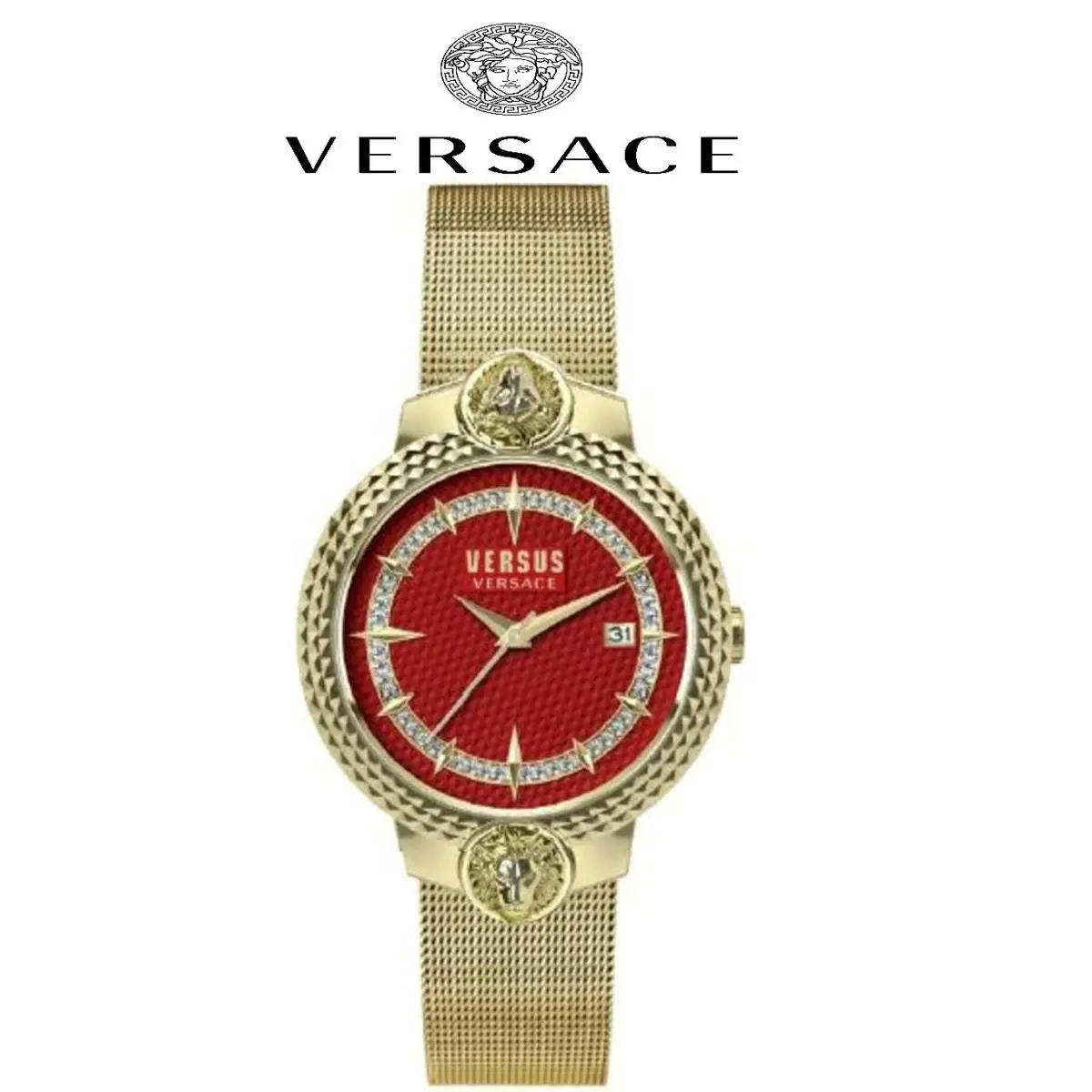 Versace Mouffetard Collection Luxury Womens Watch Versus Gold Bracelet Red Dial