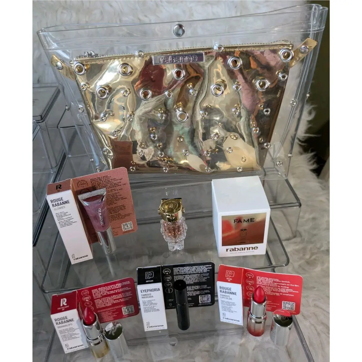 Rabanne Lot of 6- Fame Edp Perfume Mini+glowies+drama Lips+euphoria Famous+pouch