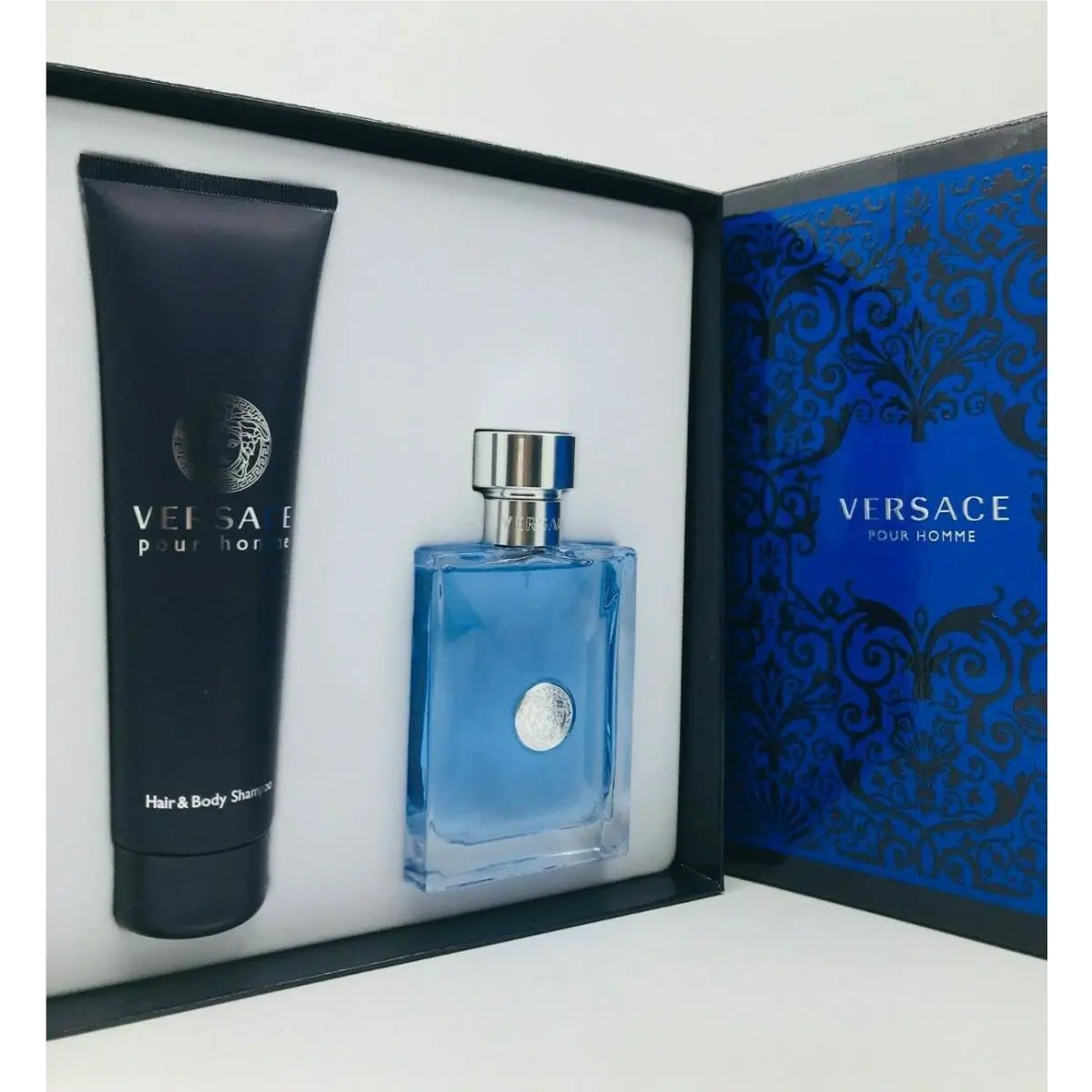 Versace Pour Homme Men 2pc Set Cologne Spray 3.4 oz Hair and Body Shampoo 5.0 oz