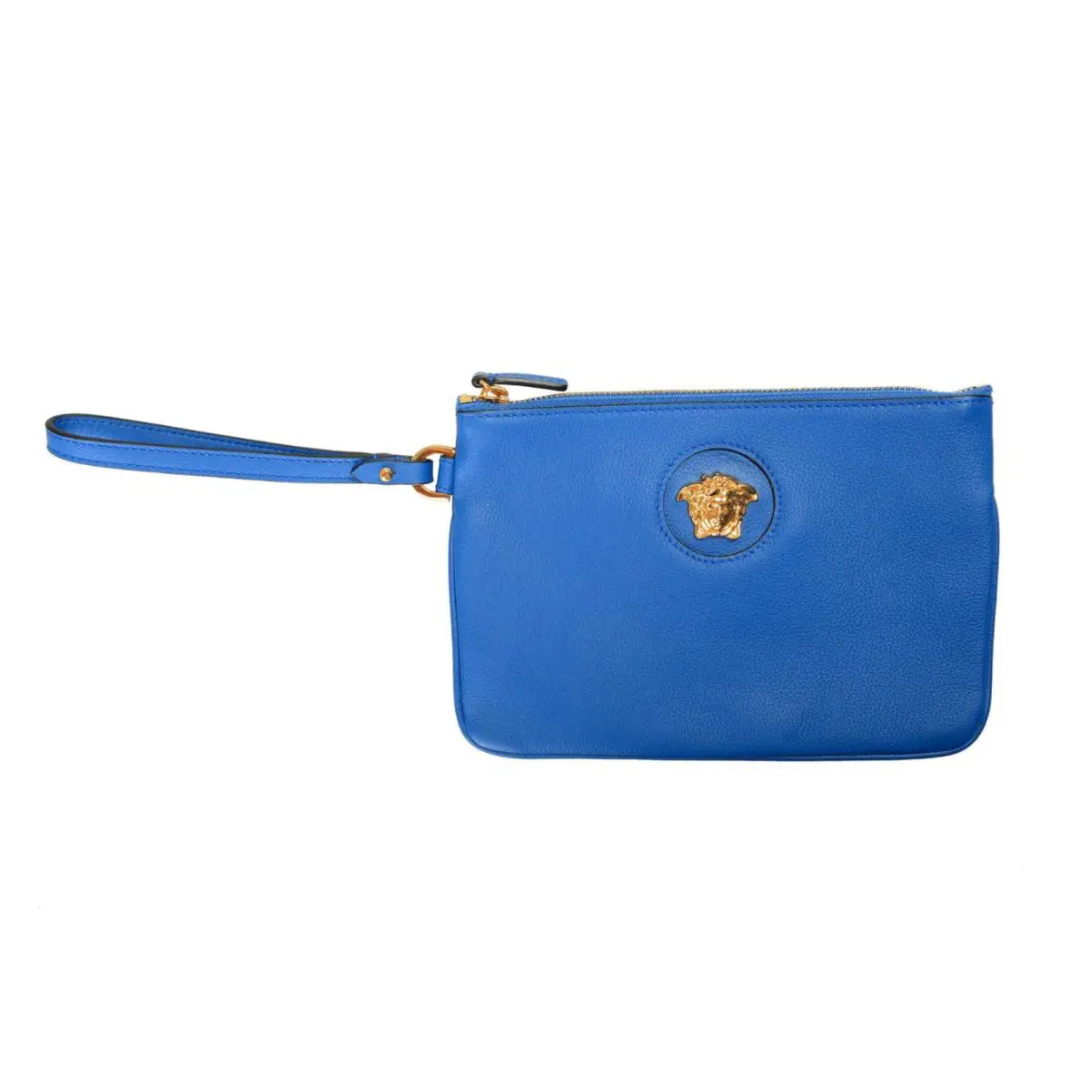 Blue Leather Medusa Logo Print Large Zip Around Wristlet Clutch by Versace