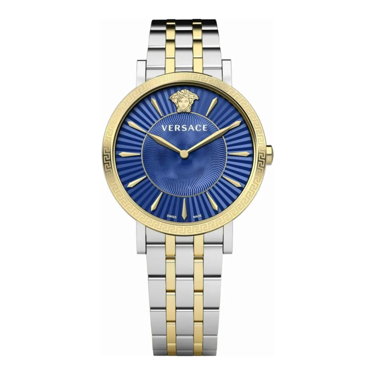 Versace Womens Two Tone 38mm Bracelet Fashion Watch - Dial: Blue, Band: Silver