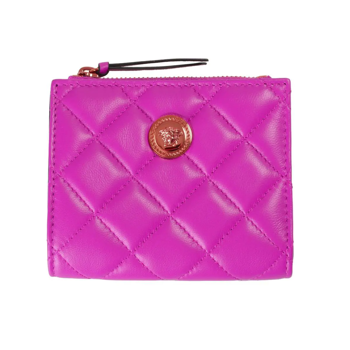Versace Women`s Purple Leather Quilted Card Case Compact Wallet
