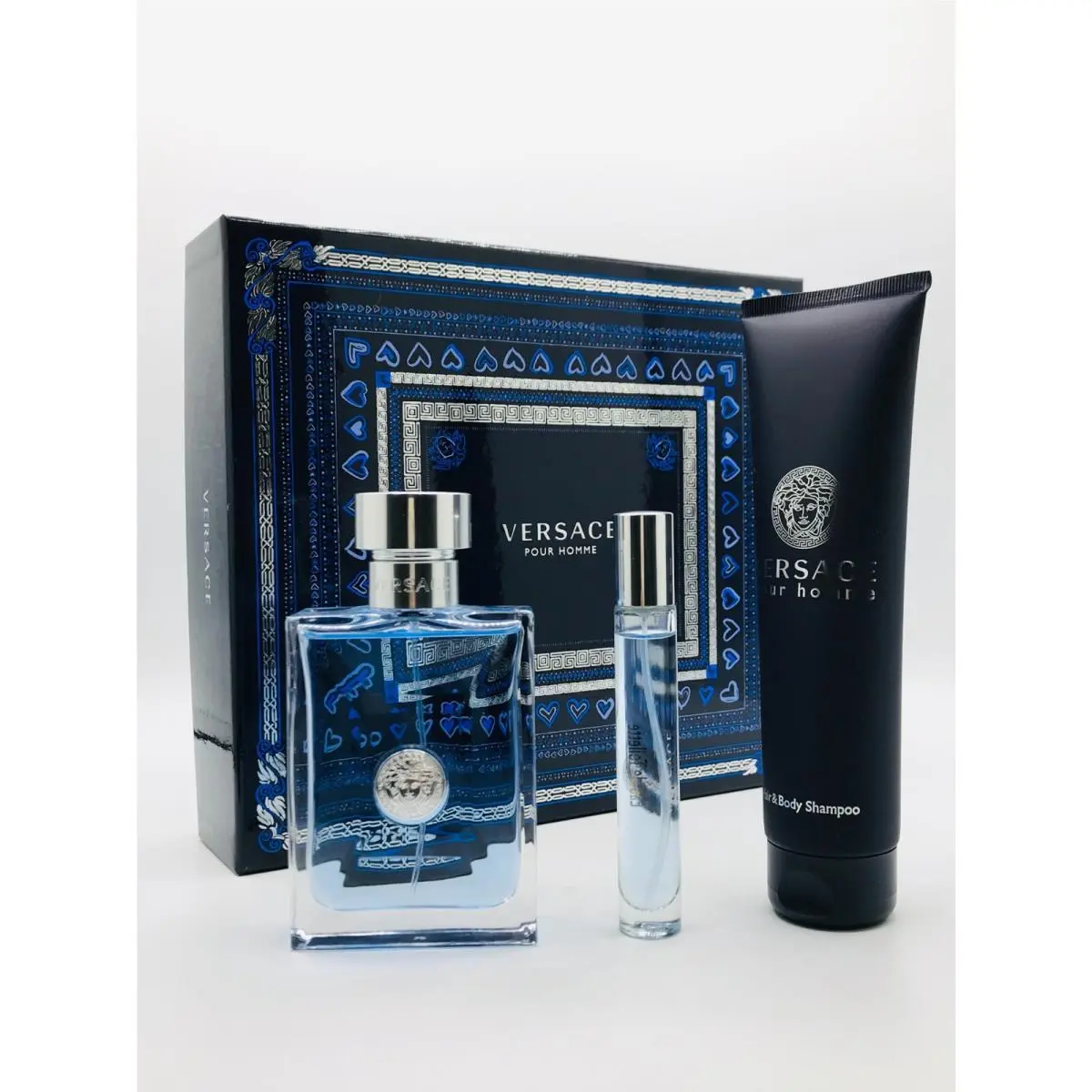 Versace Pour Homme Men 3pc Set Cologne Spray 3.4 oz Travel Spray Shower Gel